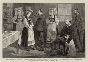 The Prince of Wales in Norway, trying a Bridal Crown on the Head of a Waiting-Maid at Vossevangen by Sydney Prior Hall