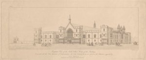 Perspective View of the North and West Fronts of the Buildings connected with the Two Houses of Parliament, the Law Courts by T. Kearnan