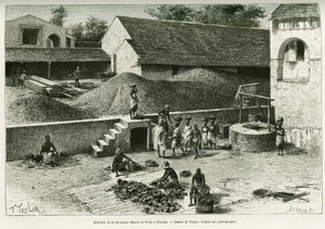 Inside the factorerie Maurel and Prom, in Boulam, collates and processing peanuts, palm almond and rubber. Engraving after a photograph, to illustrate the story Voyage dans la Senegambie et la Guinee portuguese, in 1888, by Captain A.Brosselard. by T Taylor