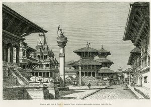Place of the Royal Palace of Patan (Present Lalitpur). Engraving to illustrate the story Voyage au Nepal, by Dr. Gustave Le Bon, in le tour du monde 1886, directed by Edouard Charton, Hachette, Paris. by T Taylor