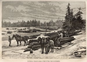 The descent of the rafts in Ontario, the loggers unload the cut trunks and install them on the frosty river, then during the thaw, the trunks will be carried by the current to the place where they will be discharged and transformed, engraving after a draw by T Taylor