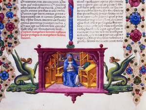 Border frieze at foot of page with St Matthew the Evangelist, Volume II f 148, v, Bible of Borso d