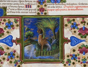 Border frieze with monstrous animal in landscape, Volume II, Bible of Borso d