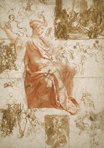 Sheet of Studies for the Blinding of Elymas, Sacrifice at Lystra, and a Holy Family by Taddeo Zuccaro