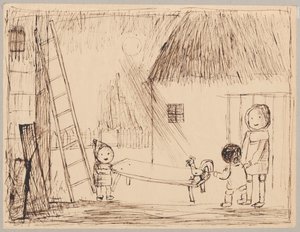 Three Children with a Rooster in the Yard by Tadeusz Makowski
