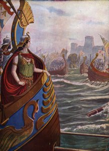 Antiquity, Roman Civil War: Egyptian Queen Cleopatra VII Thea Philopator (69-30 BC) at the Battle of Actium in the Ambracic Gulf on 2 September 31 BC against the Fleet of Octavian