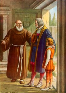 The Guardian of Rabida Welcoming Christopher Columbus and His Young Son by Tancredi Scarpelli