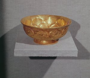 Bowl decorated with embossed lotus petals by Tang Dynasty Chinese School
