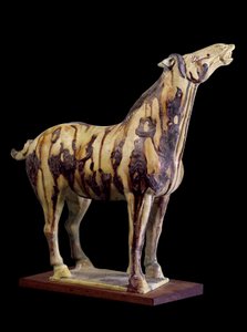 Chinese art: terracotta funerary statuette with tricoloured glazes depicting a henning horse, from the tomb of Princess Yong Tai, Tang Dynasty