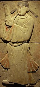 Terracotta stele with musician, Tang Dynasty (618-907), discovered in Shaanxi Province, Steles Forest Museum in Xian. Photography, Leonard de Selva, China, 2006
