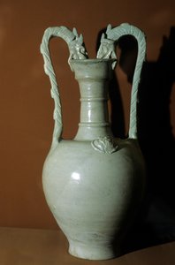 Vase with White Glaze, Double Dragon Handles, Decorated with Flowers in Relief on the Belly, 618-907