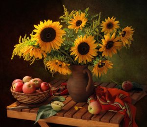 Autumn Sunflowers and Apples by Tatyana Skorokhod