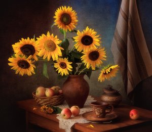 Golden Sunflowers Still Life by Tatyana Skorokhod
