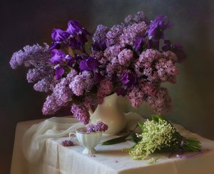 Purple Lilacs Irises Still Life by Tatyana Skorokhod
