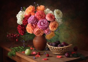 Vibrant Roses and Fresh Fruit
