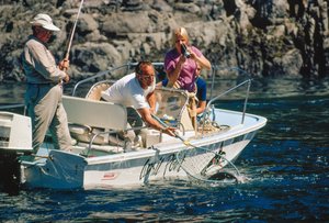 An angler reels in a salmon at Bute Inlet by Ted Spiegel