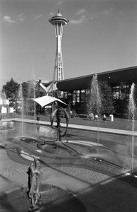 Pool, Fountain, Sculpture and Space Needle at Seattle World