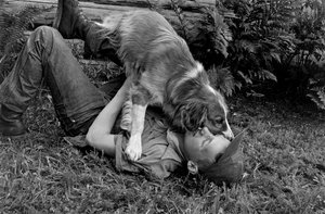 Young Man Plays with His Dog Outside Their Log Cabin in Palmer, Alaska