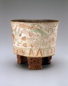 Tripod Vase with Two Blowgunners and Quetzal Birds in Cacao Trees, Late Xolalpan, 550-650