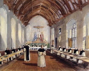 Reconstruction drawing of the refectory of the Cistercian monastery of Cleeve Abbey