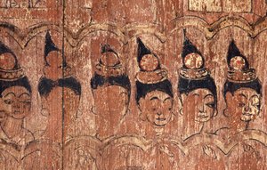 A series of walking damsels painted on the eaves of the roof of Viharn Nam Tam