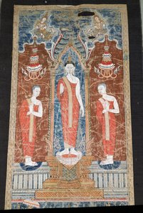Banner depicting standing Buddha with two disciples, Ratanakosin Style by Thai School