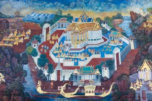 Mural depicting scenes from the Ramayana at Wat Phra Kaeo, the Royal Grand Palace, Bangkok, Thailand