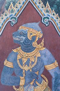 Mural depicting scenes from the Ramayana at Wat Phra Kaeo, the Royal Grand Palace, Bangkok, Thailand