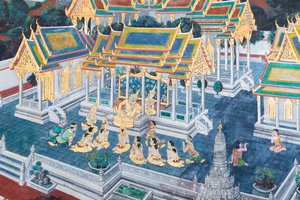 Mural depicting scenes from the Ramayana at Wat Phra Kaeo, the Royal Grand Palace, Bangkok, Thailand