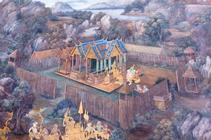 Mural depicting scenes from the Ramayana at Wat Phra Kaeo, the Royal Grand Palace, Bangkok, Thailand
