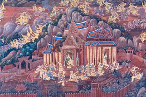 Mural depicting scenes from the Ramayana at Wat Phra Kaeo, the Royal Grand Palace, Bangkok, Thailand