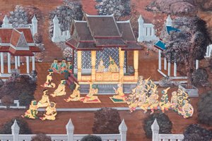 Mural depicting scenes from the Ramayana at Wat Phra Kaeo, the Royal Grand Palace, Bangkok, Thailand
