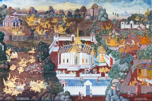 Mural depicting scenes from the Ramayana at Wat Phra Kaeo, the Royal Grand Palace, Bangkok, Thailand