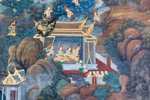 Mural depicting scenes from the Ramayana at Wat Phra Kaeo, the Royal Grand Palace, Bangkok, Thailand