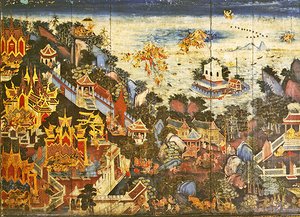 Rear panel of a wardrobe depicting a scene from the Ramakien