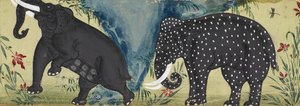 Two elephants by a river, one covered in white spots by Thai School