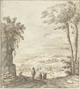 Italian River Landscape with Walkers by a Rock by Theodoor Wilkens