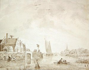 Shipping in an Estuary by a Village with a City in the Distance