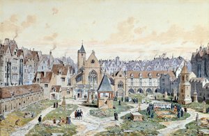 View of the Cemetery of the Innocents in Paris in 1550 by Theodor Josef Hubert Hoffbauer
