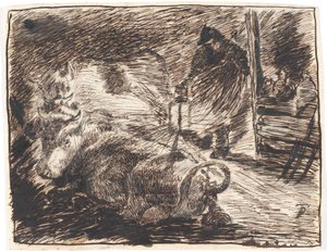 Stable Interior at Evening with Lying Cows and a Man with a Lantern by Theodor Philipsen