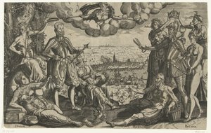 Comparison between Orange and Alva, with the Spanish Fury in the background, ca. 1577 by Theodor de Bry (attributed to)