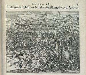 Battle between the Spaniards and the Indians at the Gates of Cuzco, 1596 by Theodor de Bry