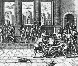 Inca Emperor Atahualpa being garroted by Pizarro
