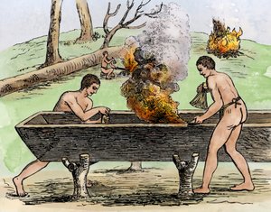 Indians Making a Canoe, Engraving 1590 by Theodore De Bry