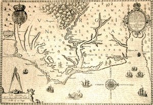 Map of 1590 engraved by Theodore de Bry after watercolour by the English colonist John White, governor of Roanoke. Virginia and coast with small islands and Roanoke at mouth of river. Secotan and Weapemeoc native lands