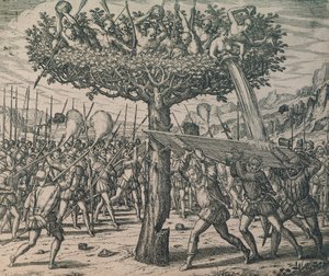 Natives hiding in the trees fighting against the conquerors by Theodor de Bry
