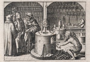 Three Scholars Conversing in the Alchemy Workshop, with Furnace and Instruments