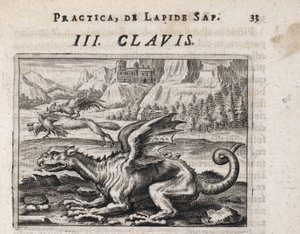 A Dragon, in the Background, a Chicken-stealing Wolf Attacked by a Rooster (Engraving by Theodore de Bry) by Theodor de Bry