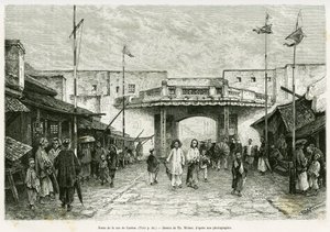 Canton Street Gate in Hanoi. Engraving of Th. Weber, from a photograph, to illustrate the story 