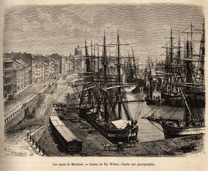 The quays of Montreal, engraving after a drawing by Th. Weber, illustrating the excursion to Canada and the Riviere Rouge du nord, by H. De Lamotte, in 1873, published in 